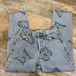 PacSun High Rise Straight Light Blue Denim Jeans Butterfly Print Button Fly 26